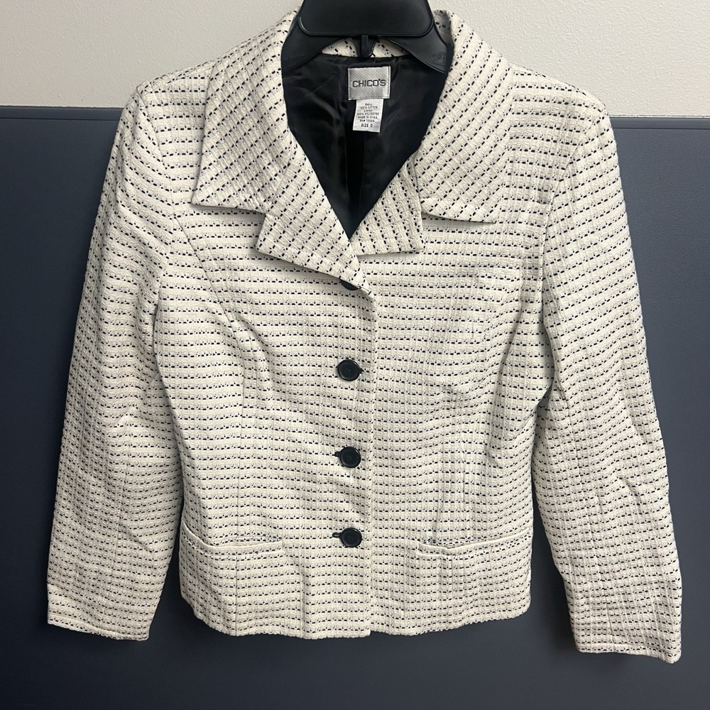 Chicos White W/ Black Blazer Jacket Womens Size‎ 0 Small Marled Long Sleeve Coat